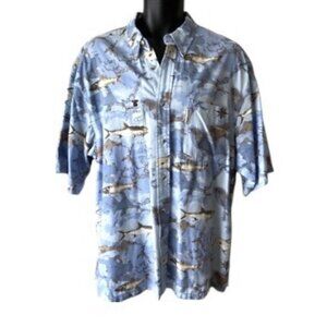 Columbia Vintage Ocean Blue Fish Map Button Up Hawaiian Outdoor Shirt Size XXL